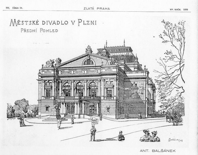 Hlavní pohled, návrh na budovu divadla od Antonína Balšánka, 1897 (foto www.theatre-architecture.eu/Zlatá Praha, XV roč.1898)