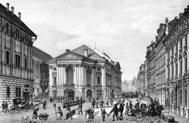 Stavovské divadlo Praha (zdroj theatre-architecture.eu/Jiří Hilmera: Celkový pohled. Vyobrazení Vinc. Morstadt kol. r. 1830. in: J. Hilmera - Česká divadelní)