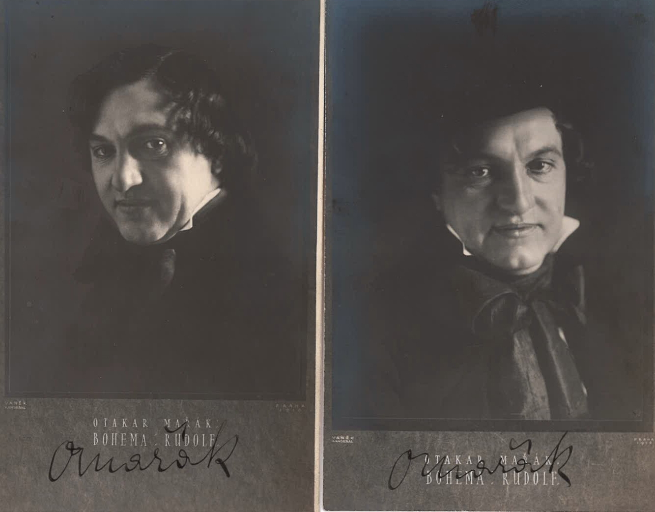 Otakar Mařák v portrétních studiích v roli Rudolfa z Pucciniho Bohémy. Pohlednice, černobílá fotografie ateliér Vaněk – Kanderal Praha, 1916 (foto se souhlasem Davida Chaloupky)