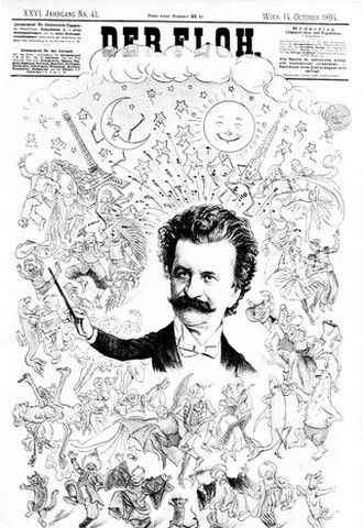 Karikatura k 50. výročí umělecké činnosti Johanna Strausse (Der Floth, 14.10.1894) (foto archiv autorky)