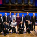 Jaeyoung Lee, Matouš Zukal, Dongha Lee a Vojtěch Trubáč s porotou klavírní soutěže Pražského jara 2021 (foto Petra Hajská)