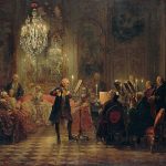 Flétnový koncert Friedricha Velikého v Sanssouci, 1852 (v pozadí u kanape vlevo je zřejmě vyobrazen Gottliebův bratr Carl Heinrich Graun, u spinetu C. P. E. Bach, vpravo u zdi J. Quantz, stojící houslista je F. Benda.) (malba Adolph von Menzel)