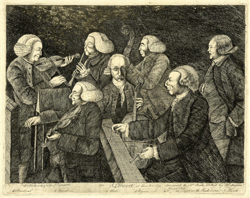 Dřevoryt: hudebníci Cambridgeské univerzity - Pieter Hellendaal vlevo s houslemi (autor Sir Abraham Hume / CC BY-NC-SA 4.0)