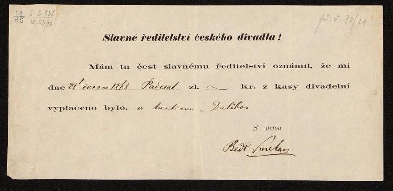 Bedřich Smetana potvrzuje příjem