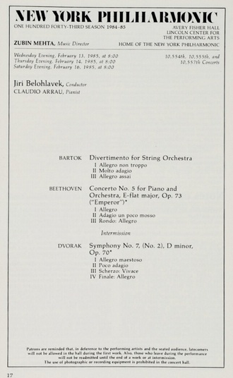 program koncertu Jiřího Bělohlávka s Newyorskou filharmonií 13.2.1985 (foto archiv)