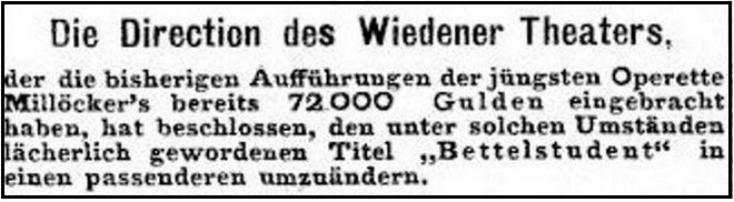 Ironické oznámení o potřebě změny názvu operety Žebravý student (Die Bombe, 14.1.1883) (foto archiv autorky)
