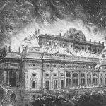 Požár Národního divadla, dobová ilustrace z Humoristických listů (zdroj Humoristické listy, roč. 1881, č. 35)