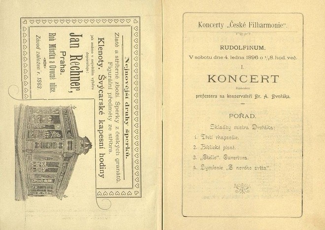 Program prvního koncertu České filharmonie i s dobovou reklamou (foto archiv České filharmonie)
