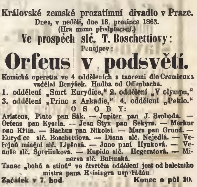 Upoutávka v novinách na Orfea v podsvětí v Prozatímním divadle v Praze 13. 12. 1863 (foto archiv autorky)