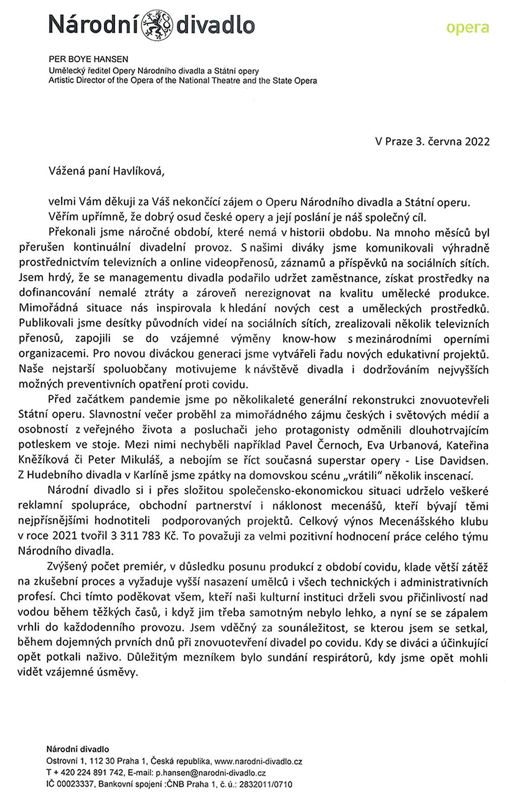 Dopis Pera Boye Hansena z 3. června 2022, strana č. 1 (zdroj Helena Havlíková)