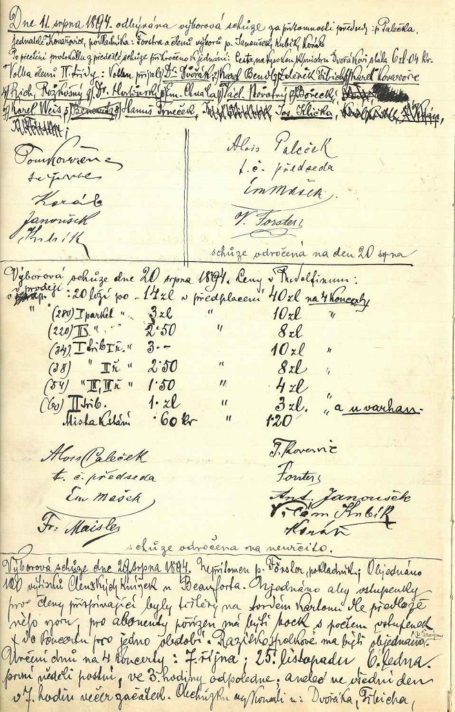 Zápis ze schůze České filharmonie 11.8.1894 (foto archiv ČF)