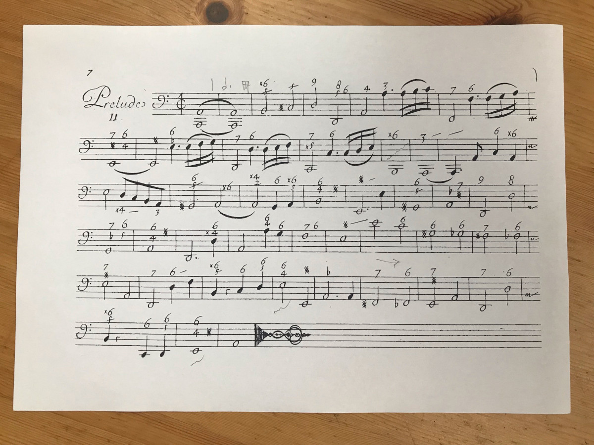 Basso continuo - Troisième Livre de piéces de Viole, Paris 1711 - Marin Marais: Prélude ze suity a moll pro violu da gamba a continuo (foto Jan Krejča)