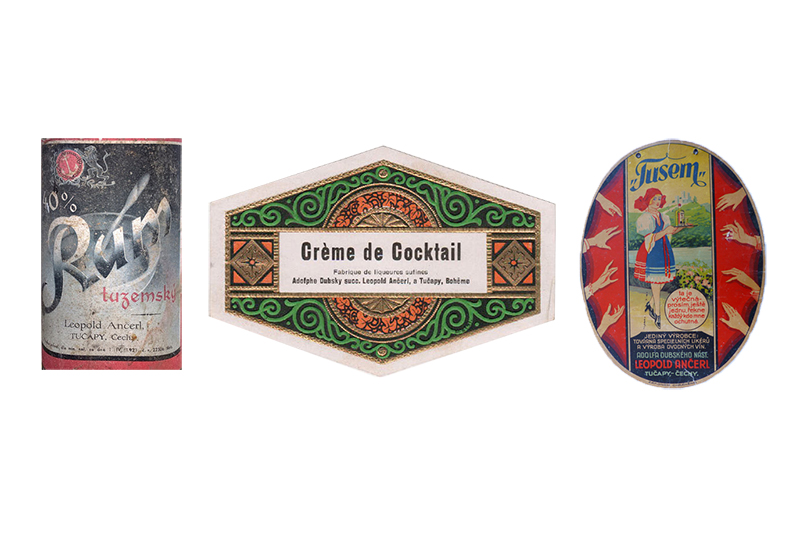Etikety alkoholických nápojů (Rum tuzemský, Créme de Coctail, Tusem) vyráběných Leopoldem Ančerlem (zdroj Ivan Bierhanzl)