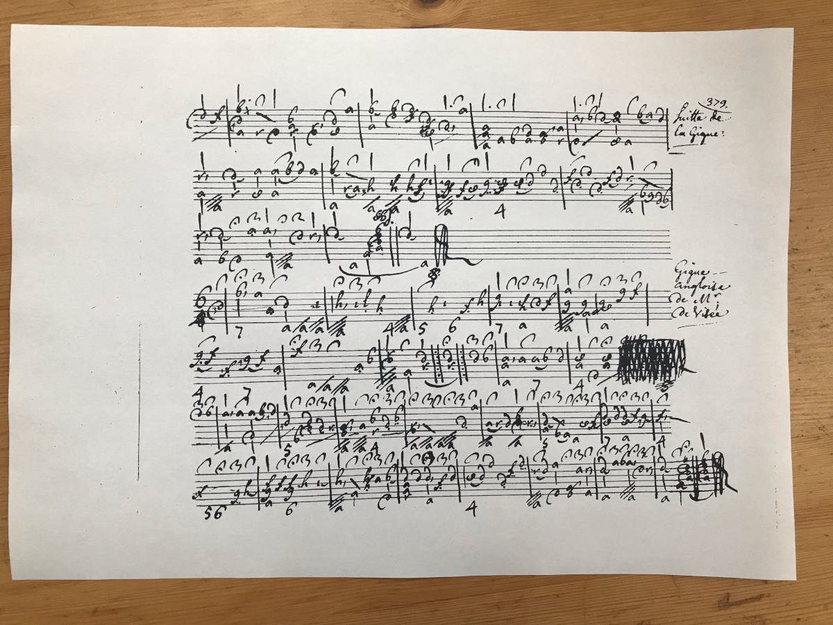 Tabulatura - Manuscript Vaudry de Saizanay, 1699 - Robert de Visée, Gigue a Gigue Angloise (foto Jan Krejča)