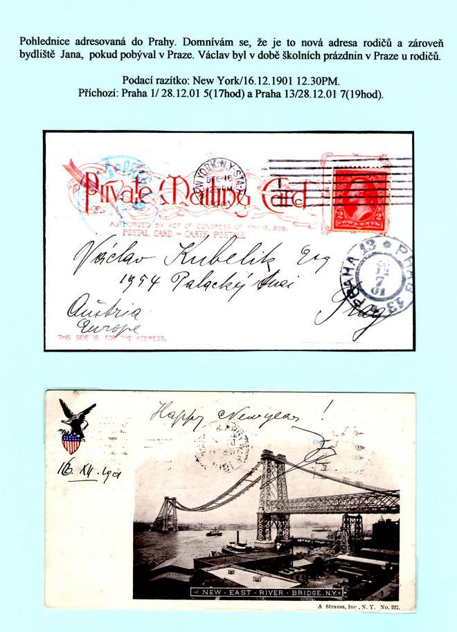 Pohlednice, zaslaná Janem Kubelíkem bratru Václavovi, místo podání New York, ze dne 16. prosince 1901