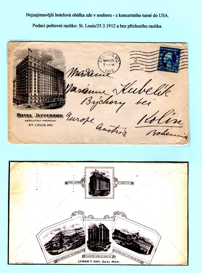 Pohled, zaslaný Janem Kubelíkem choti Marianně do Býchor ze St. Louis, 25. března 1912