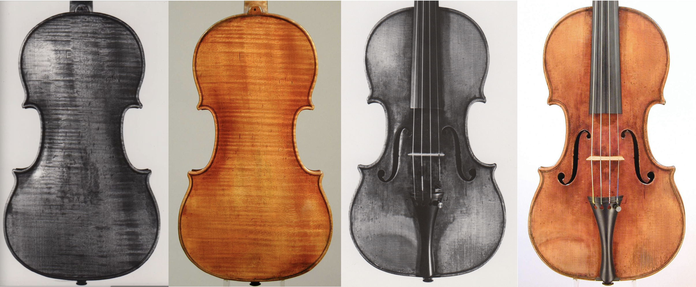 Porovnání houslí: Černobílé fotografie pochází z archivu rodiny Mendelssohn-Bohnke, barevné z roku 2000 jsou dílem aukční síně Tarisio (zdroj Carla Shapreau)