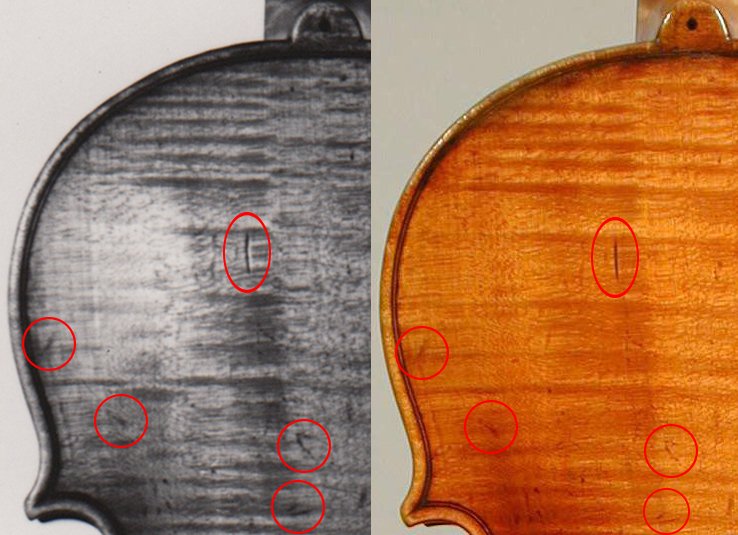 Porovnání houslí: Černobílé fotografie pochází z archivu rodiny Mendelssohn-Bohnke, barevné z roku 2000 jsou dílem aukční síně Tarisio, červené značky byly přidány pro srovnávací analýzu (zdroj Carla Shapreau)