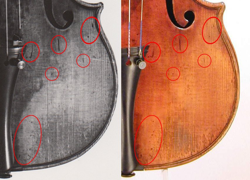 Porovnání houslí: Černobílé fotografie pochází z archivu rodiny Mendelssohn-Bohnke, barevné z roku 2000 jsou dílem aukční síně Tarisio, červené značky byly přidány pro srovnávací analýzu (zdroj Carla Shapreau)